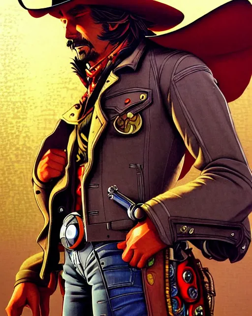 Image similar to mccree from overwatch, space cowboy, outter space, character portrait, portrait, close up, concept art, intricate details, highly detailed, vintage sci - fi poster, retro future, vintage sci - fi art, in the style of chris foss, rodger dean, moebius, michael whelan, and gustave dore