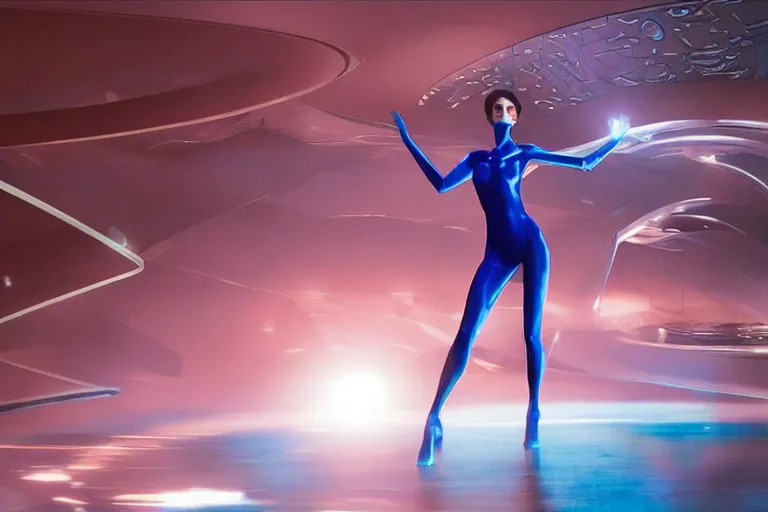 Image similar to vfx movie scene closeup of beautiful blue skin alien woman dancing in sleek futuristic decadent spaceship pillars, futuristic ballroom. giant windows view of earth obit. by emmanuel lubezki