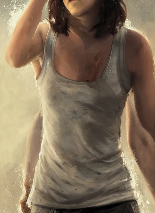 Image similar to full length photo of a very sweaty Maisie Williams in a wet tanktop in the style of stefan kostic, full extremely slim body, not realistic, sharp focus, 8k high definition, insanely detailed, intricate, elegant, art by stanley lau and artgerm