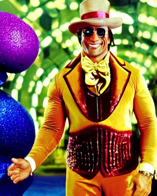 Image similar to Film still close-up shot of Dwayne Johnson as Willy Wonka from the movie Willy Wonka & The Chocolate Factory. Photographic, photography