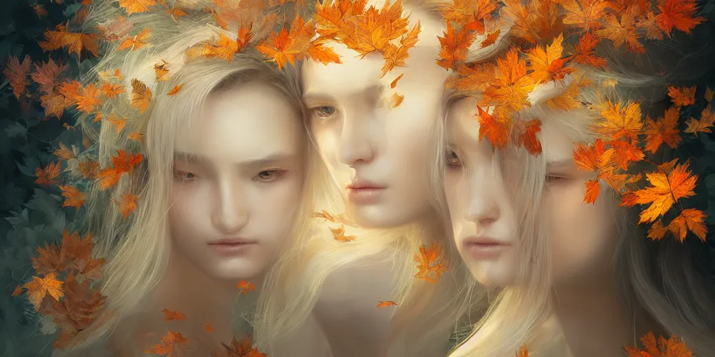 Image similar to breathtaking detailed concept art painting pattern of blonde goddesses faces blend of autumn leaves, by hsiao - ron cheng and volegov, bizarre compositions, exquisite detail, extremely moody lighting, 8 k