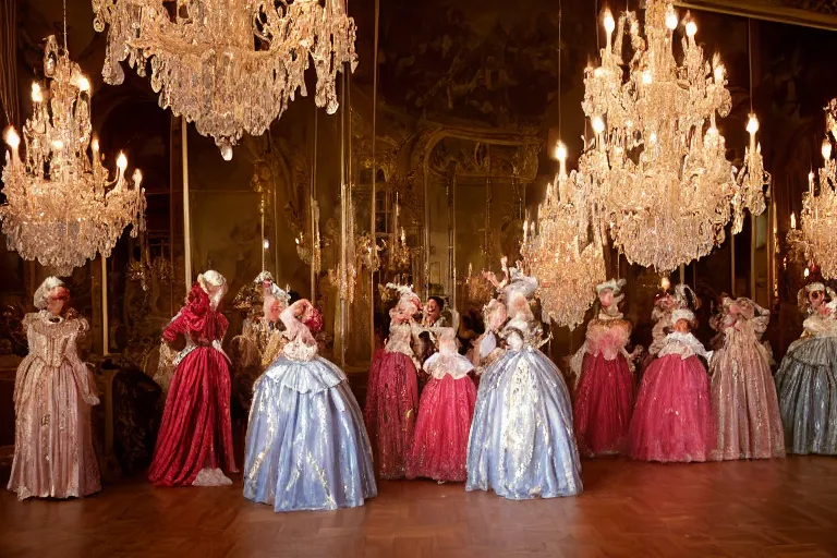 Image similar to in the versailles hall of mirrors, queen marie - antoinette dances in the foreground with her ladies - in - waiting at a venician masked ball. all high ladies are dressed in opulent robes embroidered with glittering sequins. the hall of mirrors features ornate crystal chandeliers with glowing candles and golden ornaments. photorealism red velvet curtains on the windows with night lights outside