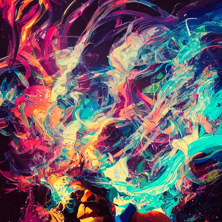Prompt: wizard in a chaotic storm of liquid smoke multicolor splash portrait, by petros afshar, sabbas apterus, brian sum, ross tran, tom whalen, shattered glass, bubbly underwater scenery, radiant light