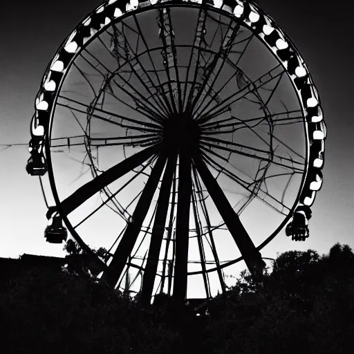 Prompt: a photo of a large abandoned ferris wheel, old, eerie, black and white, night