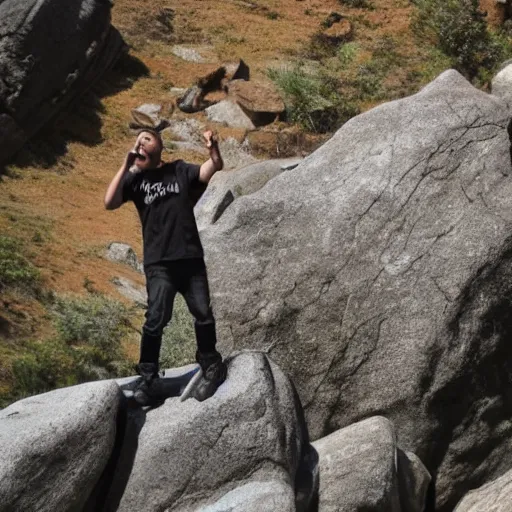 Prompt: dweyn the rock jonson standing on a rock and singing in a rock concert