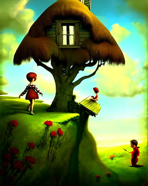 Prompt: a painting of a cottage built on the side of a cliff with children playing in the field, in the style of ray caesar, digital art