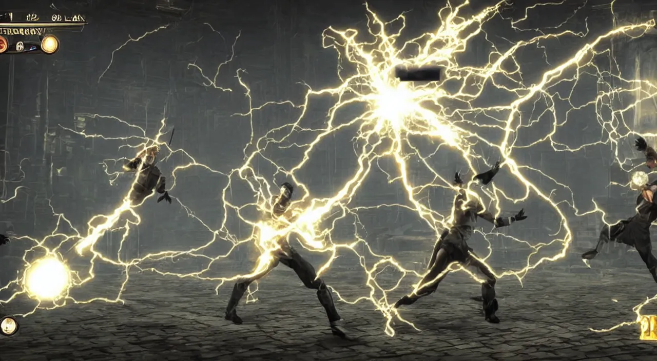 Image similar to nikola tesla vs thomas edison in a screenshot from the mortal kombat videogame