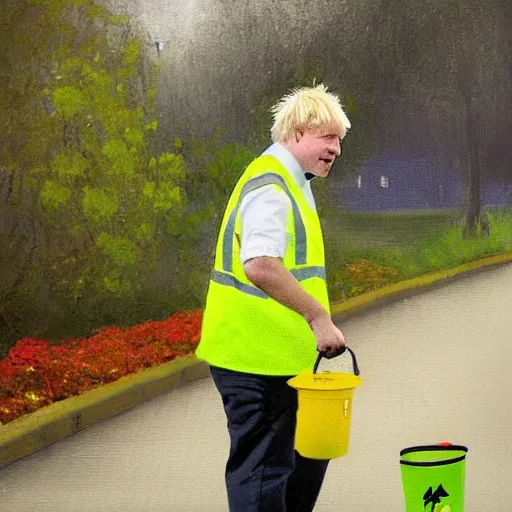 Image similar to An impressionist painting of Boris Johnson doing community service in a high vis vest, he is picking litter on a British street