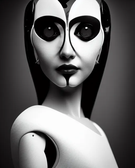 Image similar to surreal mythical dreamy dark artistic black and white fine art 3 / 4 portrait photo of a young delicate female robot with orchid - owl face, rim light, cinematic, studio dramatic light, poetic, octane render, 8 k, photo - realistic by hg giger