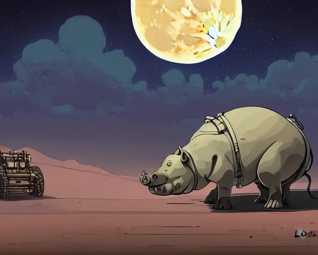 Image similar to a study of cell shaded cartoon of a mechanical hippo on a desert road, in front of a big moon illustration, wide shot, subtle colors, post grunge, concept art by josan gonzales and wlop, david rubin, mike mignola, laurie greasley, highly detailed, sharp focus, trending on artstation, hq, deviantart, art by artgem