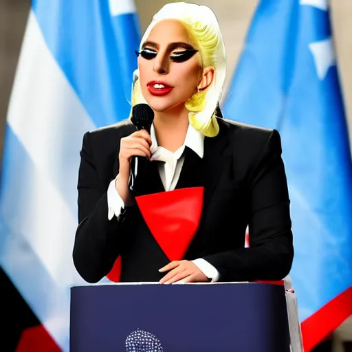 Image similar to Lady Gaga as president, Argentina presidential rally, Argentine flags behind, bokeh, giving a speech, detailed face, Argentina