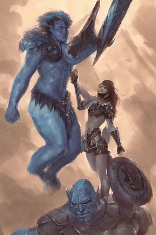 Image similar to a small blue-skinned triton girl wearing scale armor riding on a the shoulders of a large male goliath wearing fur and leather armor, dnd concept art, painting by ross tran and Tyler Jacobson