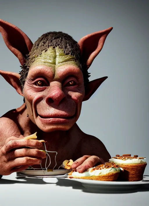 Image similar to closeup portrait of a medieval goblin eating cakes, depth of field, zeiss lens, detailed, symmetrical, centered, fashion photoshoot, by Annie Leibovitz and Steve McCurry, David Lazar, Jimmy Nelsson, Breathtaking, 8k resolution, extremely detailed, beautiful, establishing shot, artistic, hyperrealistic, beautiful face, octane render