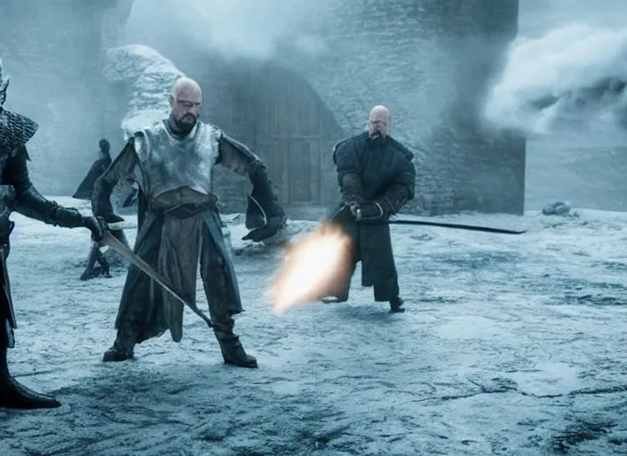 Prompt: a screenshot of walter white fighting the night king with a sword in an episode of game of thrones