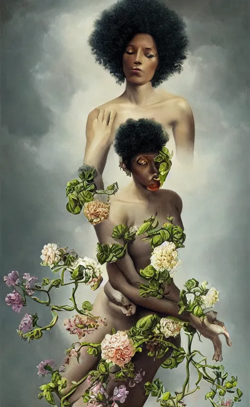 Image similar to surrealism, beautiful black woman with curly hair, holding flowers, hyper realism, muted colours, rococo, highly detailed, realistic, portrait