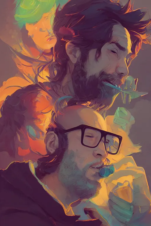 Image similar to portrait of a stoner, tooth wu, dan mumford, beeple, wlop, rossdraws, james jean, marc simonetti, artstation giuseppe dangelico pino and michael garmash and rob rey and greg manchess and huang guangjian and makoto shinkai