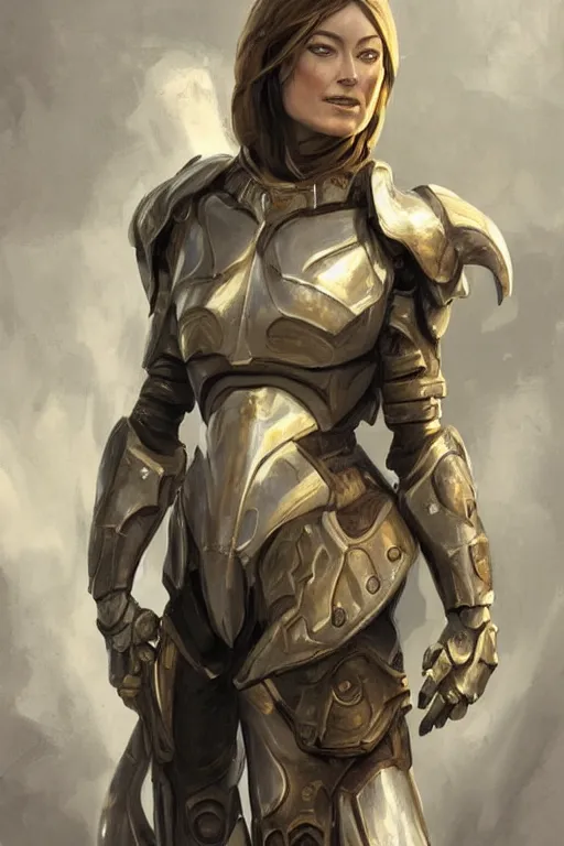 Image similar to a professional painting of a young Olivia Wilde, clothes in military armor, olive skin, long dark hair, beautiful bone structure, symmetrical facial features, intricate, elegant, digital painting, concept art, smooth, sharp focus, illustration, from StarCraft by Ruan Jia and Mandy Jurgens and Artgerm and William-Adolphe Bouguerea