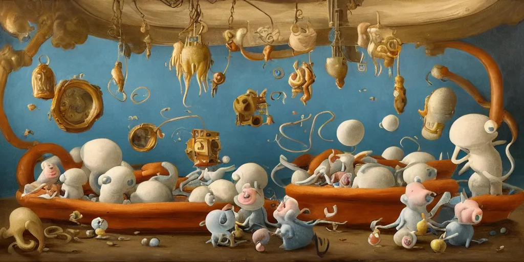 Prompt: portly squid - piglet creatures enjoying a snack in an organic space station interior, bucolic, rococo, baroque, american realist, sublime, comforting, warm light, burnt sienna, cerulean blue, figurative painting, grisaille