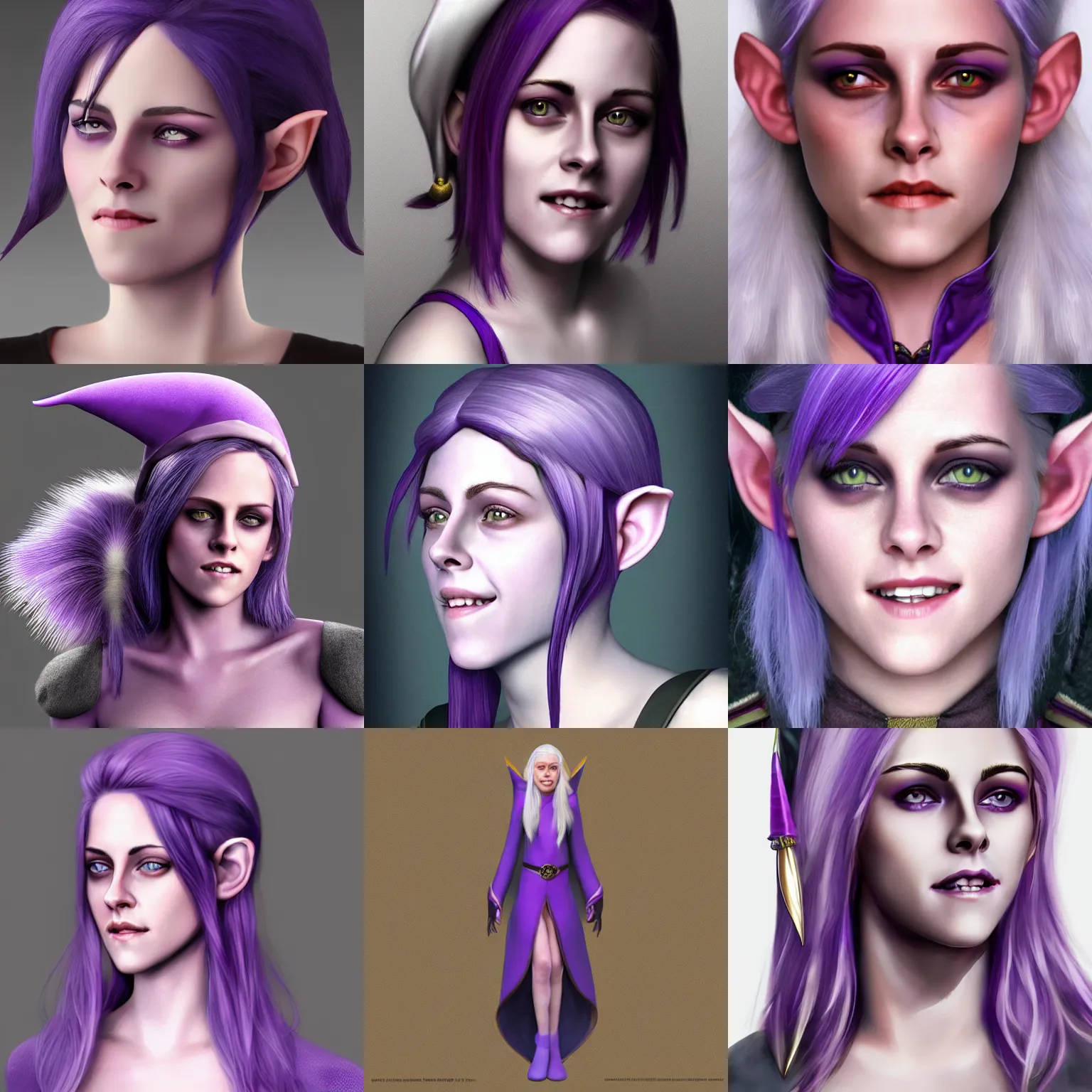 Prompt: violet skinned Kristen Stewart as a smiling Elf wizard with white hair. Smooth violet skin. Dark violet skin. Photorealistic digital art trending on artstation, artgem, 4k HD