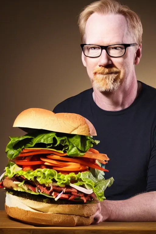 Image similar to 📷 portrait of adam savage the sandwich, made of food, still image, dynamic lighting, 4 k