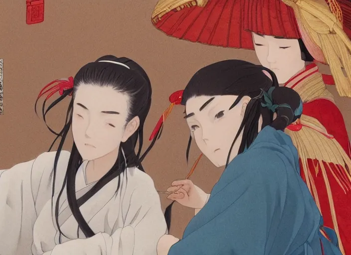 Image similar to a film still portrait of a confident xianxia shrine maiden woman who resembles billie eilish, finely detailed features, closeup at the faces, perfect art, at an ancient chinese city, gapmoe yandere grimdark, trending on pixiv fanbox, painted by greg rutkowski makoto shinkai takashi takeuchi studio ghibli, akihiko yoshida