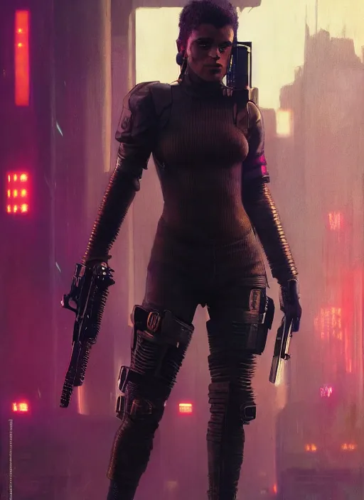 Prompt: Zazie Beetz. Cyberpunk assassin in tactical gear. blade runner 2049 concept painting. Epic painting by Craig Mullins and Alphonso Mucha. ArtstationHQ. painting with Vivid color. (rb6s, Cyberpunk 2077, matrix)