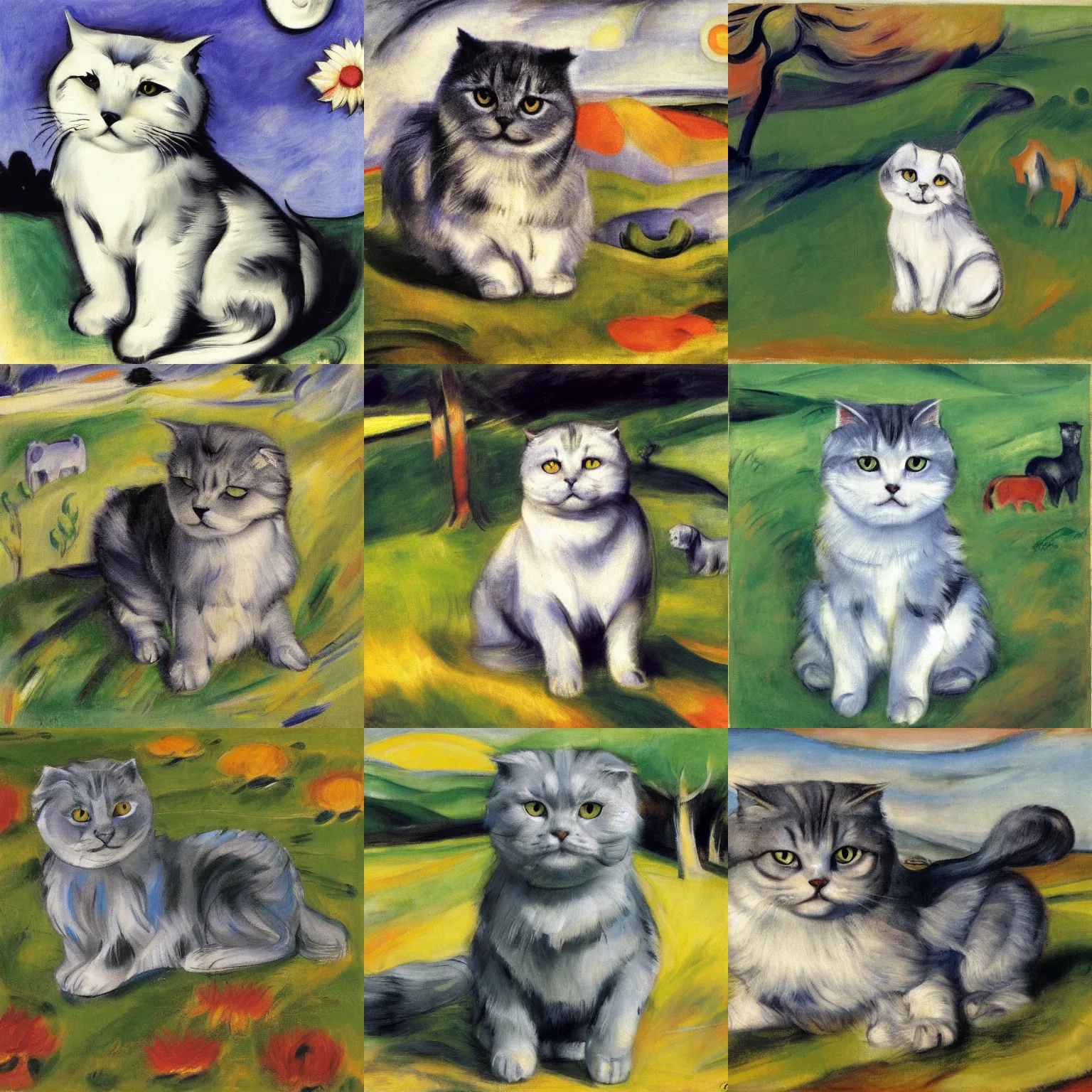 Prompt: a gray scottish fold sitting in the middle of sunny meadow, by franz marc
