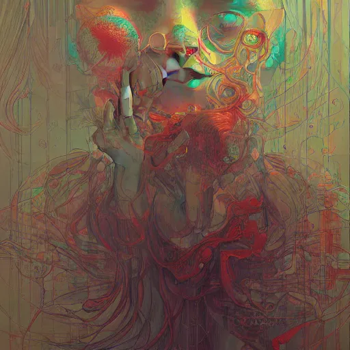 Image similar to Just living in the database as the madness of the system grows by psychedelic james jean, Ruan Jia, Peter Morhbacher, rendered in hyperdetailed Ultra HD, trending on ArtStation, luminous