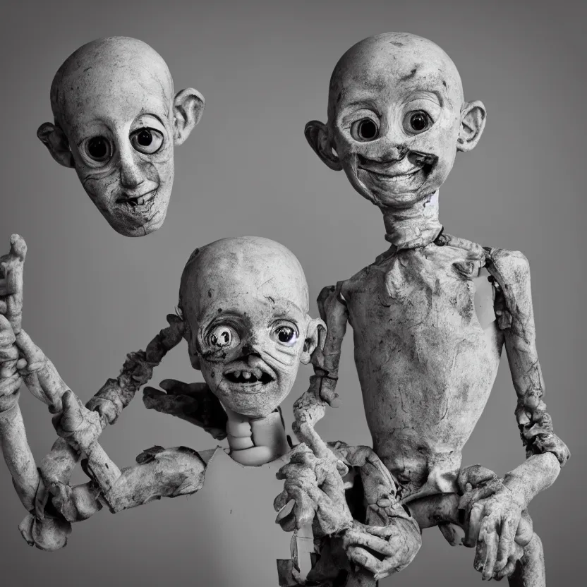 Image similar to creepy ventriloqiest dummy in the style of Roger Ballen, 4k, bw, portrait