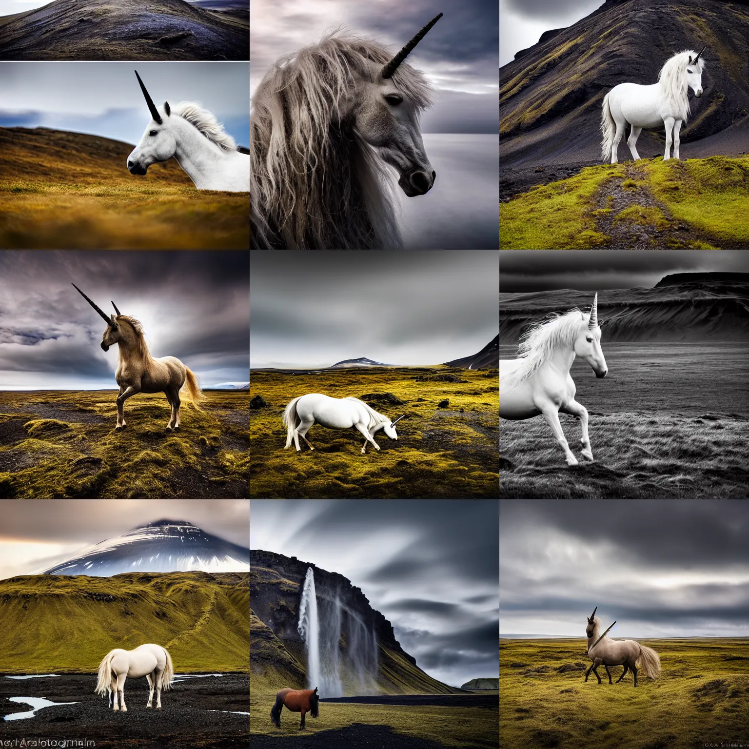 Prompt: An award winning photograph of a majestic unicorn in Iceland. High resolution, dramatic backdrop