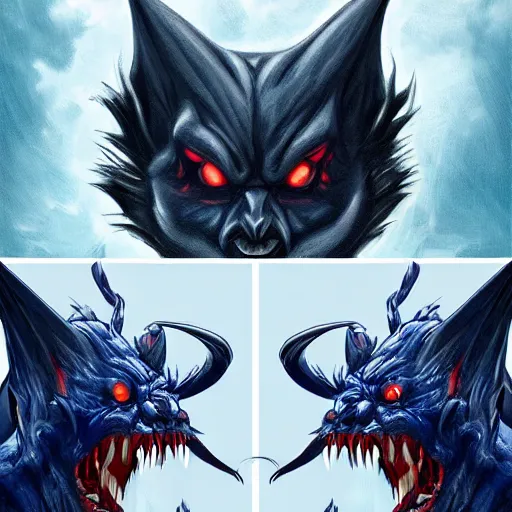 Image similar to front and back character view of scary, giant, mutant, mutated, dark blue humanoid bat, glowing red eyes, flying above a stormy ocean, sharp teeth, acid leaking from mouth, realistic, giant, bat ears, bat nose, bat claws, bat wings, furred, covered in soft fur, detailed, trending on artstation clean concept art and sheet that using unreal engine 5 render and hyper detailed 3D texture with cinematic software light 85mm f/1.4