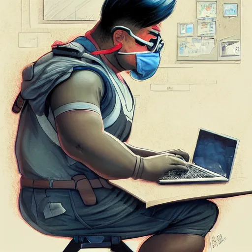 Image similar to an insanely detailed painting of a chubby nerdy asian man wearing a homemade superhero costume and mask, sitting at a computer desk typing on the keyboard, in the style of peter mohrbacher, dramatic lighting and composition, trending on artstation, concept art, comic book, graphic novel, back view