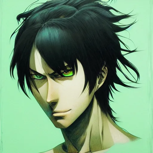 Image similar to prompt : eren yeager portrait, long hair, green eyes, soft light painted by james jean and katsuhiro otomo and erik jones, inspired by akira anime, smooth face feature, intricate oil painting, high detail illustration, sharp high detail, manga and anime 1 9 9 9