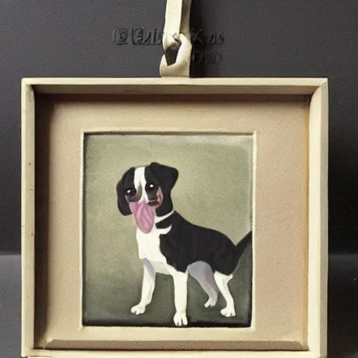 Image similar to painted wooden frame, elegant, 1 9 2 0 s, for a square picture of a happy dog. the frame is ornate and has room for the name tag of the dog. digital art