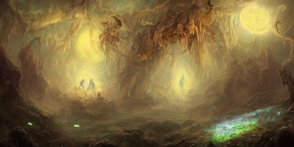 Prompt: concept art of translucent glowing fairies, lovecraftian, renaissance, melting, round moon, rich clouds, fighting the horrors of the unknown, very detailed, volumetric light, mist, fine art, decaying, textured oil over canvas, epic fantasy art, very colorful, ornate scales