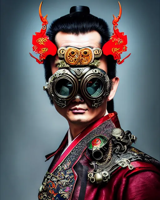 Prompt: photo of a Dramatic Peking Opera male character wearing MadMax style steampunk goggles and accessories in the style of stefan kostic, realistic, sharp focus, symmetric, 8k high definition, insanely detailed, intricate, elegant, art by stanley lau and artgerm, William-Adolphe Bouguereau