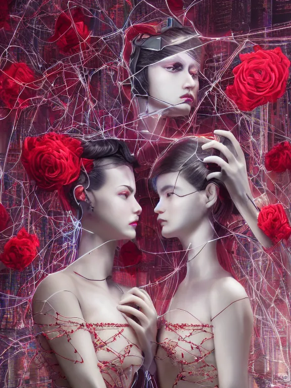 Image similar to a complex 3d concept art ultra detailed of two tulle wrapped perfect human face female half android queens praying together with wires tangled behind them connected to giant computer,bowknot, fine lace. GUCCI,sculpture,red rose, sparkling, jewel embellishment, cyberpunk 2077, film lighting, by Stanely Artgerm, Tom Bagshaw, Andrei Riabovitchev, aaron horkey, trending on pinterest,ZBrush, full of color, luxury, mythological, ultra realistic, high detail,golden ratio,cinematic lighting