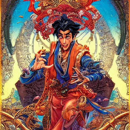 Prompt: portrait of crazy aladdin, symmetrical, by yoichi hatakenaka, masamune shirow, josan gonzales and dan mumford, ayami kojima, takato yamamoto, barclay shaw, karol bak, yukito kishiro