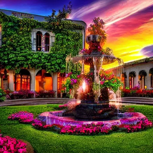 Prompt: Fantasy Courtyard with beautiful fountain Flowers vines Dreamy Cinematic Sunset stars vibrant colors magical Surreal