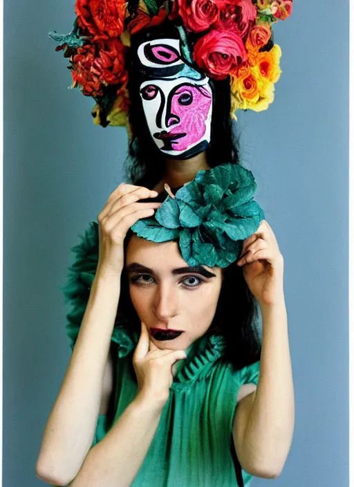 Prompt: a fashion portrait photograph of a woman wearing a flower mask designed by pablo picasso, 3 5 mm, color film camera,