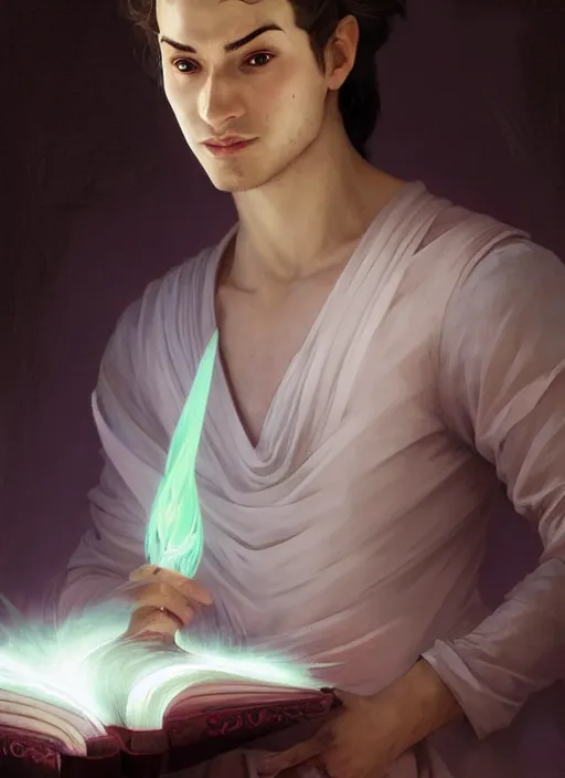 Prompt: character concept portrait of an attractive young smirking Spanish wizard with pink skin conjuring a love spell, a floating iridescent spell book in the center, intricate, elegant, digital painting, concept art, smooth, sharp focus, illustration, from Metal Gear, by Ruan Jia and Mandy Jurgens and William-Adolphe Bouguereau, Artgerm