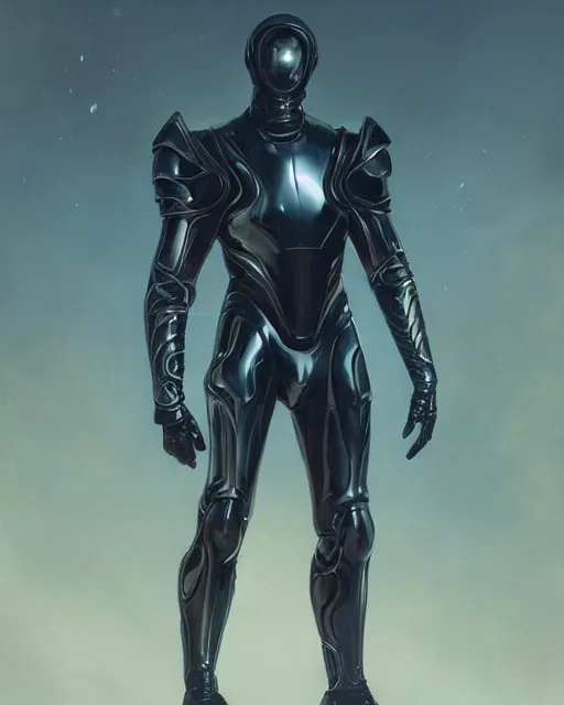 Image similar to iridescent sinewy smooth muscular male sleek glossy black pearlescent scifi armor with smooth black featureless helmet, by greg rutkowski, mark brookes, jim burns, tom bagshaw, magali villeneuve, eve ventrue, trending on artstation