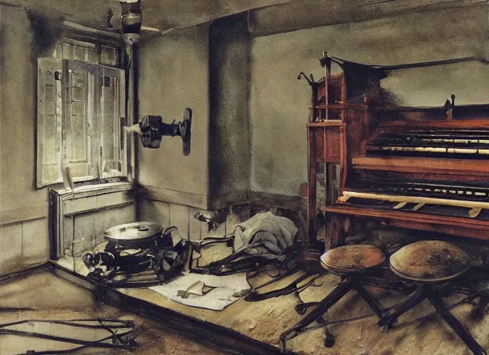 Image similar to battered dieselpunk pipe organ, painting by andrew wyeth, very detailed, somber mood,