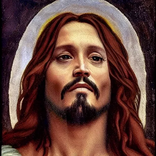 Image similar to johnny depp as jesus christ painted by michelangelo, sistine chapel