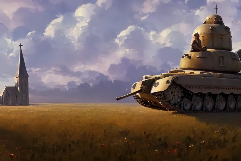 Prompt: concept art of a huge church combined with a tank aka churchtank in an open field, key visual, ambient lighting, highly detailed, digital painting, artstation, concept art, sharp focus, by makoto shinkai and akihiko yoshida and greg manchess