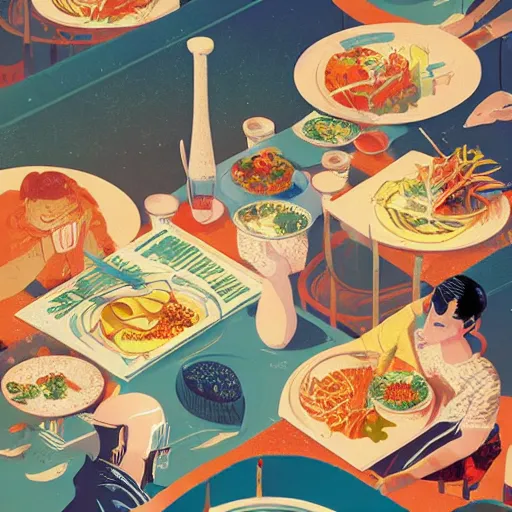 Image similar to illustration of the best meal, by Victo Ngai and James Gilleard and Bruce Pennington