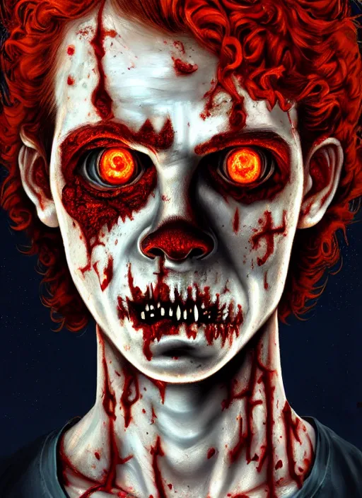 Image similar to portrait of zombie teenage archie andrews, red hair, curly hair, curly middle part, freckles, photorealistic, zombie, rotting skin, blind eyes, white eyes, zombie, intricate, elegant, orange, glowing lights, highly detailed, digital painting, artstation, concept art, sharp focus, illustration, art by wlop, mars ravelo and greg rutkowski