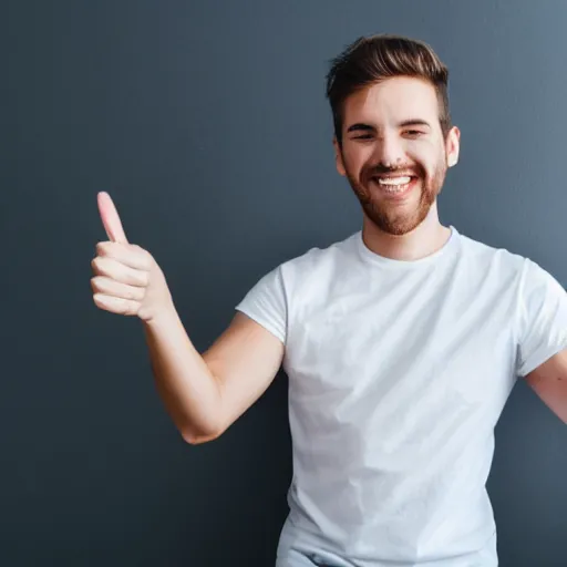 Image similar to stock photo of man smiling and pointing at the camera, white tee-shirt, blue pants, studio shot