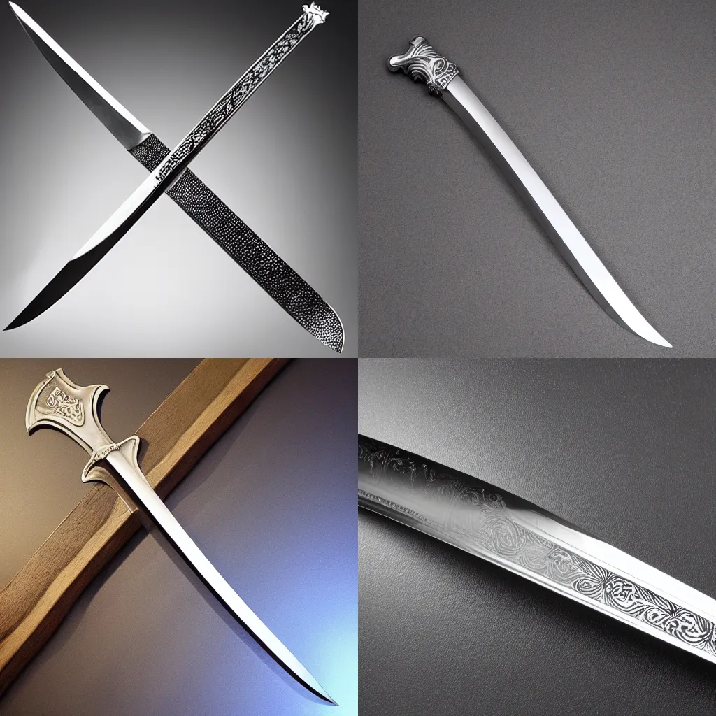 Prompt: etched stainless steel decorative sword, dynamic lighting, photography