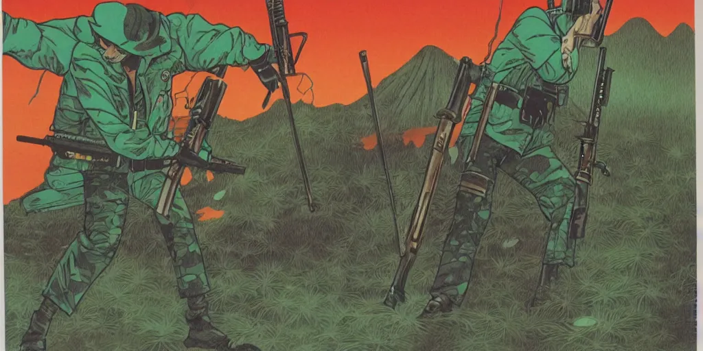 Image similar to japanese 1 9 8 0 s matte colorful illustration of a man sneaking through a swamp with a sniper rifle, 1 9 8 0 s stephen king, tense, cool,